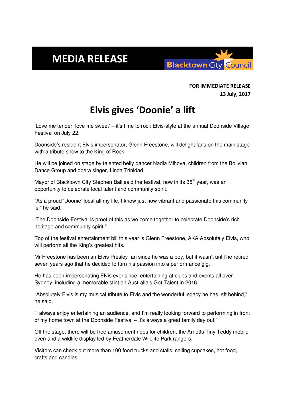 Elvis to rock Doonside Festival, 2017