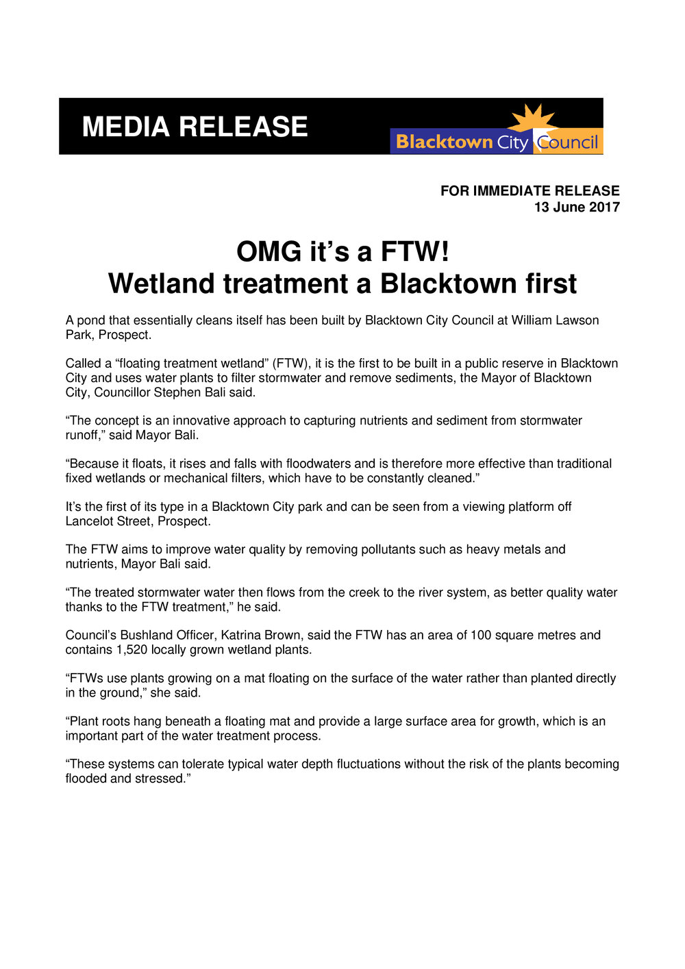 Floating treatment Wetland, William Lawson Park,  2017