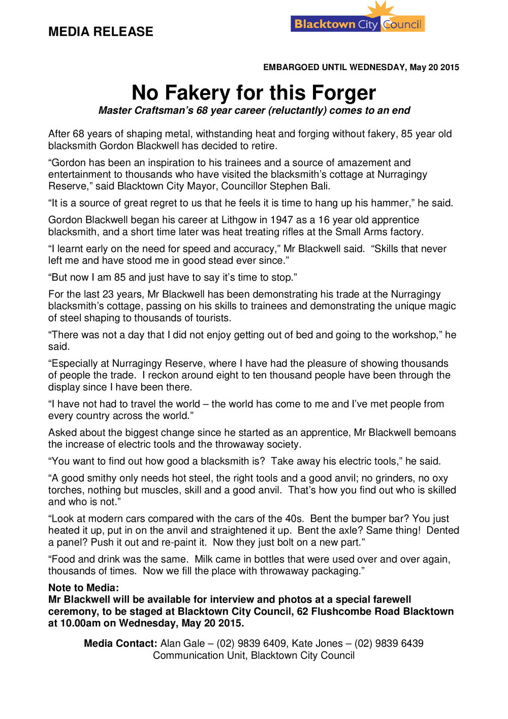 Retirement of Gordon Blackwell, Nurragingy Blacksmith, 2015