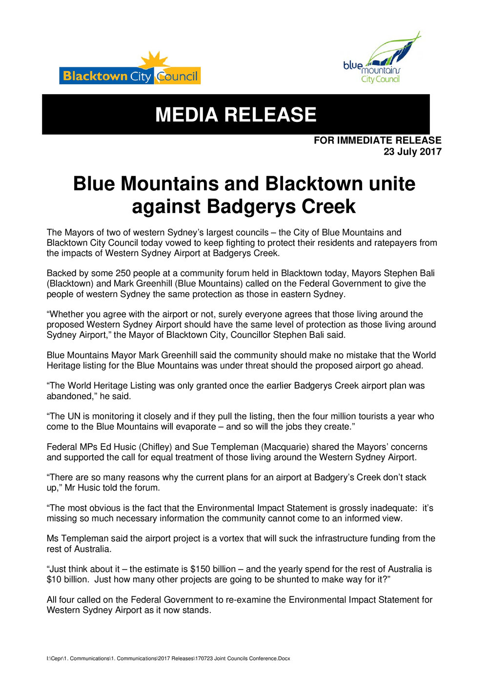 Blue Mountains and Blacktown Unite Against Badgerys Creek, 2017