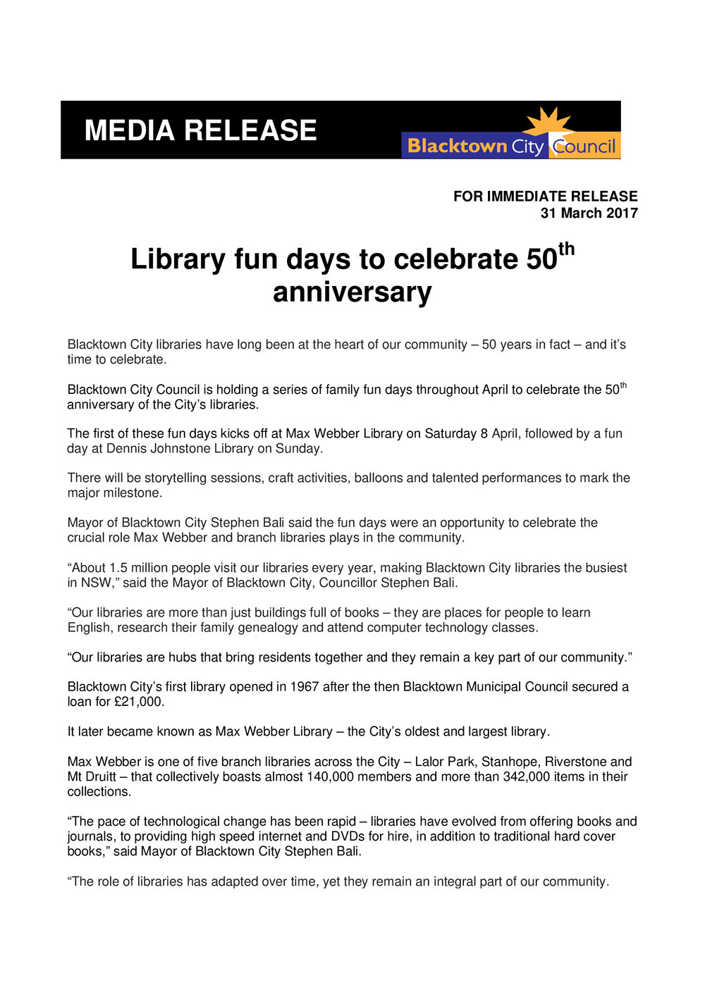 50th Anniversary of Public Library Services to the Blacktown Community, 2017