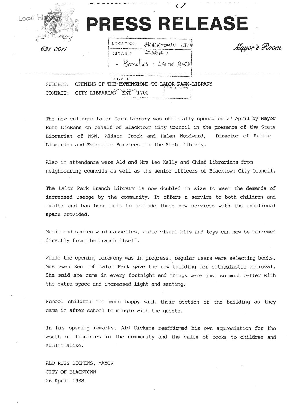 Lalor Park Branch Library Extensions,1988