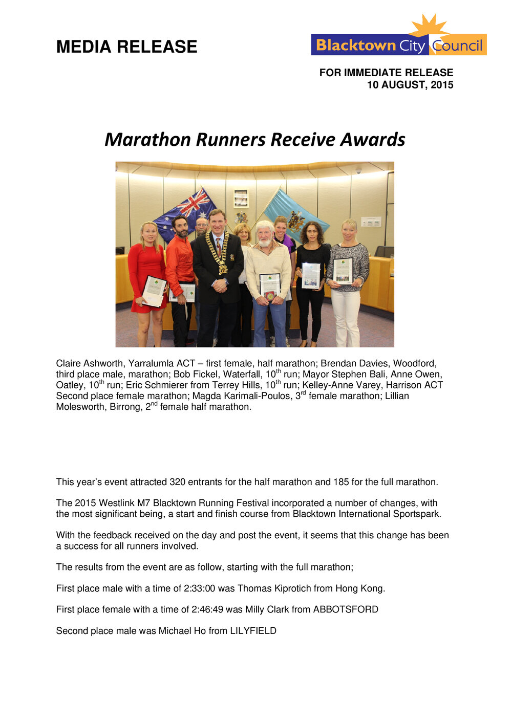 Westlink M7 Marathon Awards, 2015