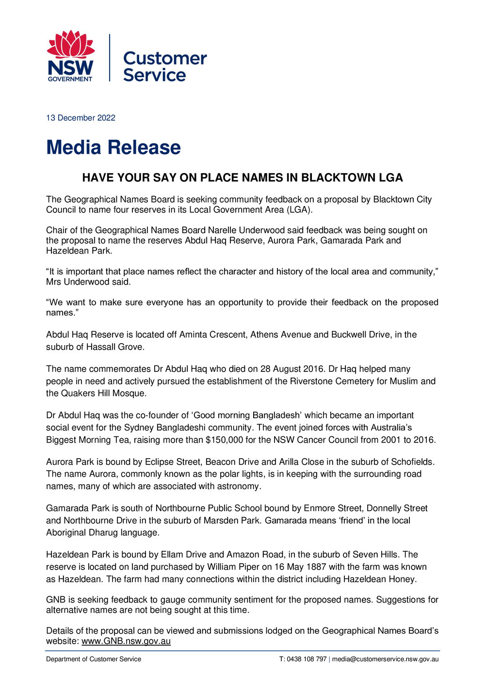 Proposed Naming of Reserves, 2022