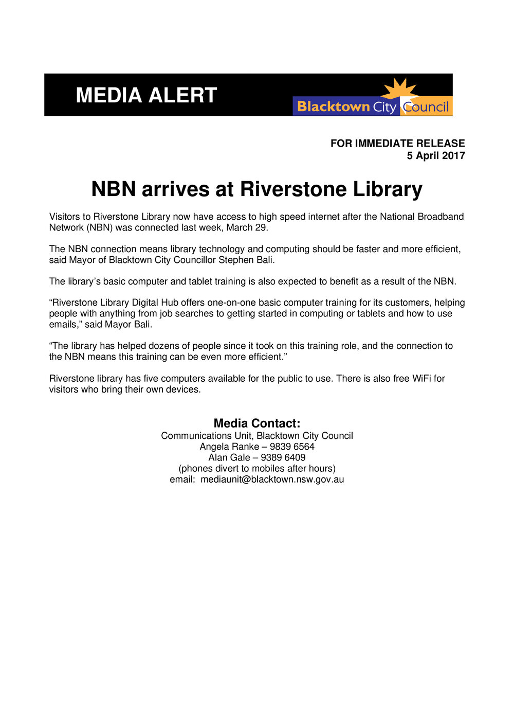 National Broadband Network (NBN), Riverstone Library, 2017