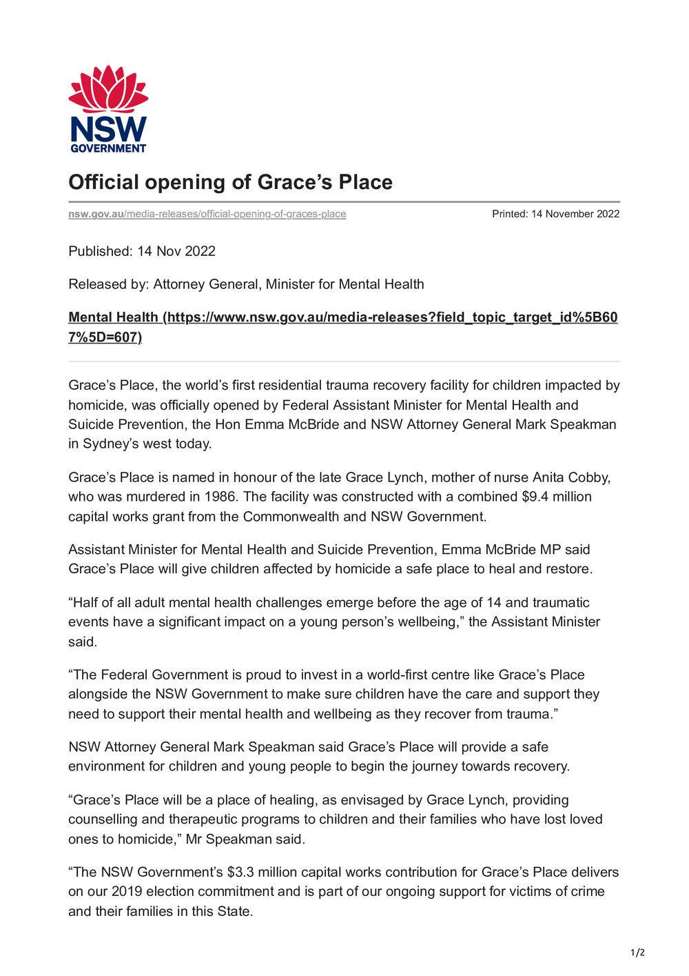 Official opening of Grace's Place 2022