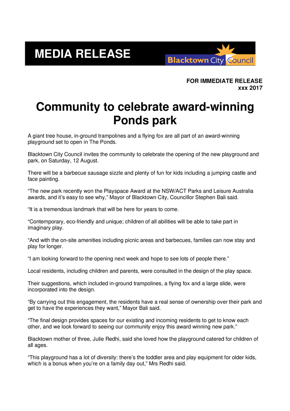 Opening of Reserve 871, The Ponds, 2017