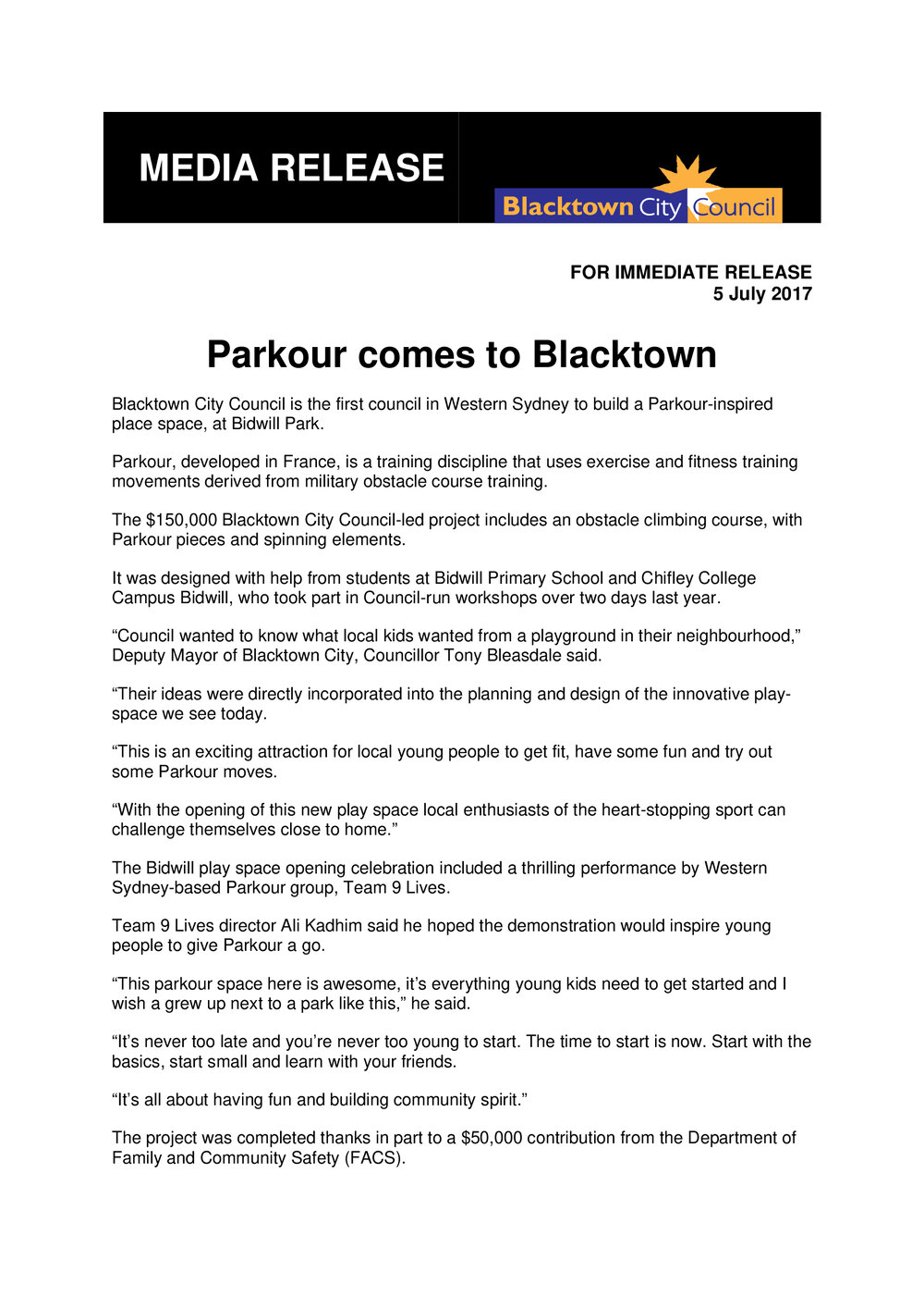 Parkour comes to Blacktown, 2017