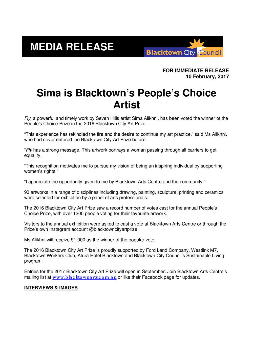 Blacktown People's Choice Artist, Sima Alikhni, 2017