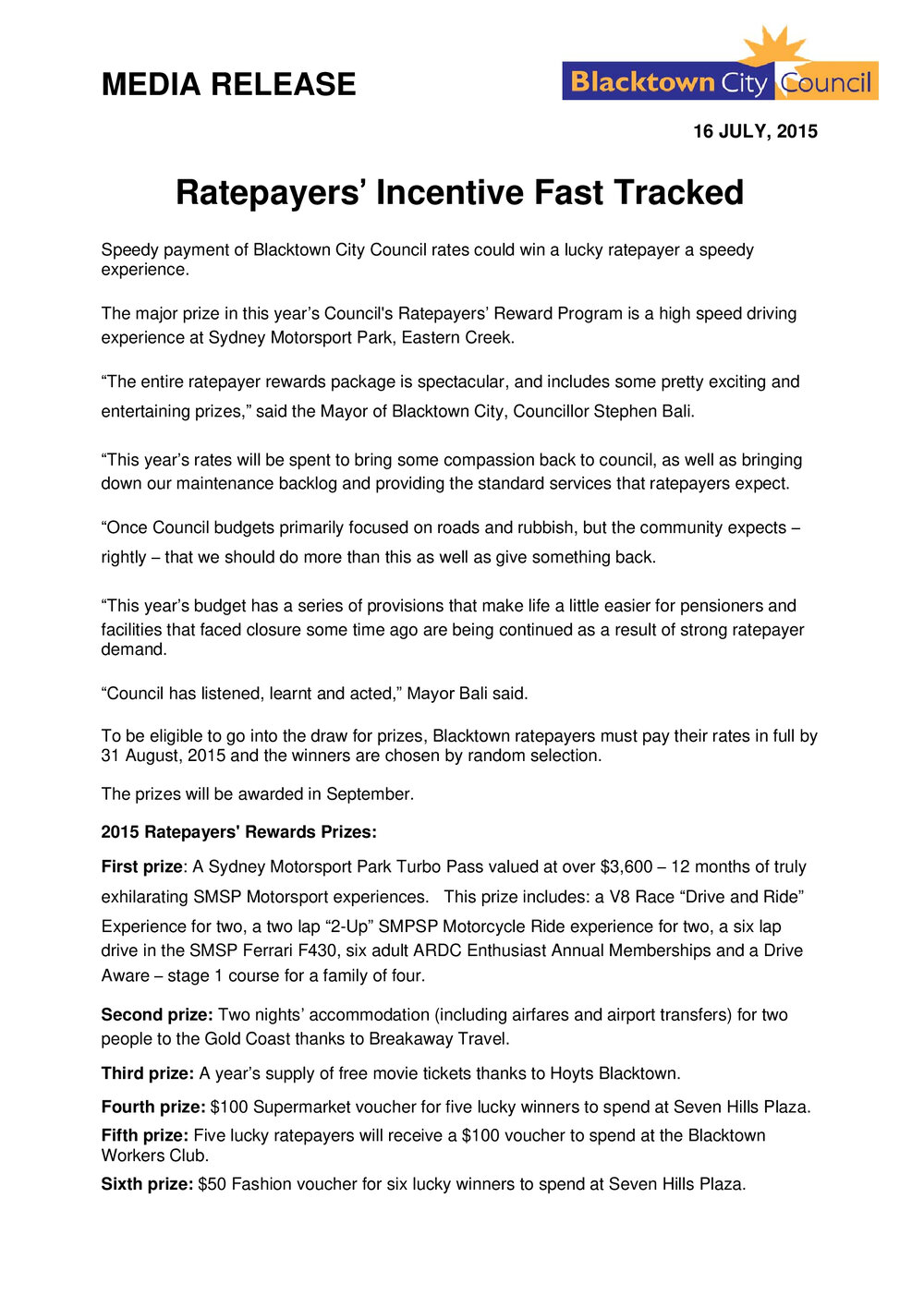 Blacktown City Council Ratepayers Incentive, 2015