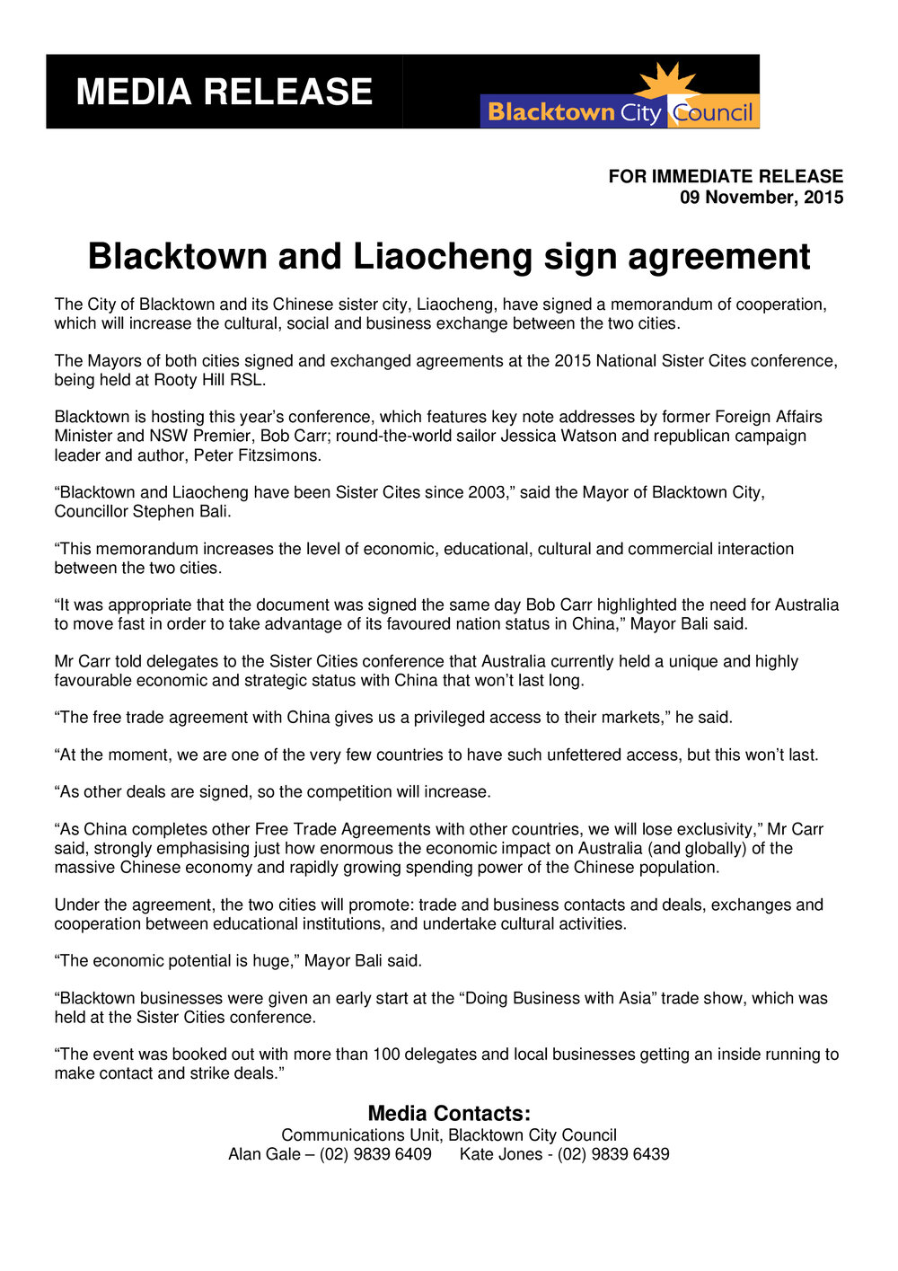 Blacktown and Liaocheng Sister Cities Agreement, 2015