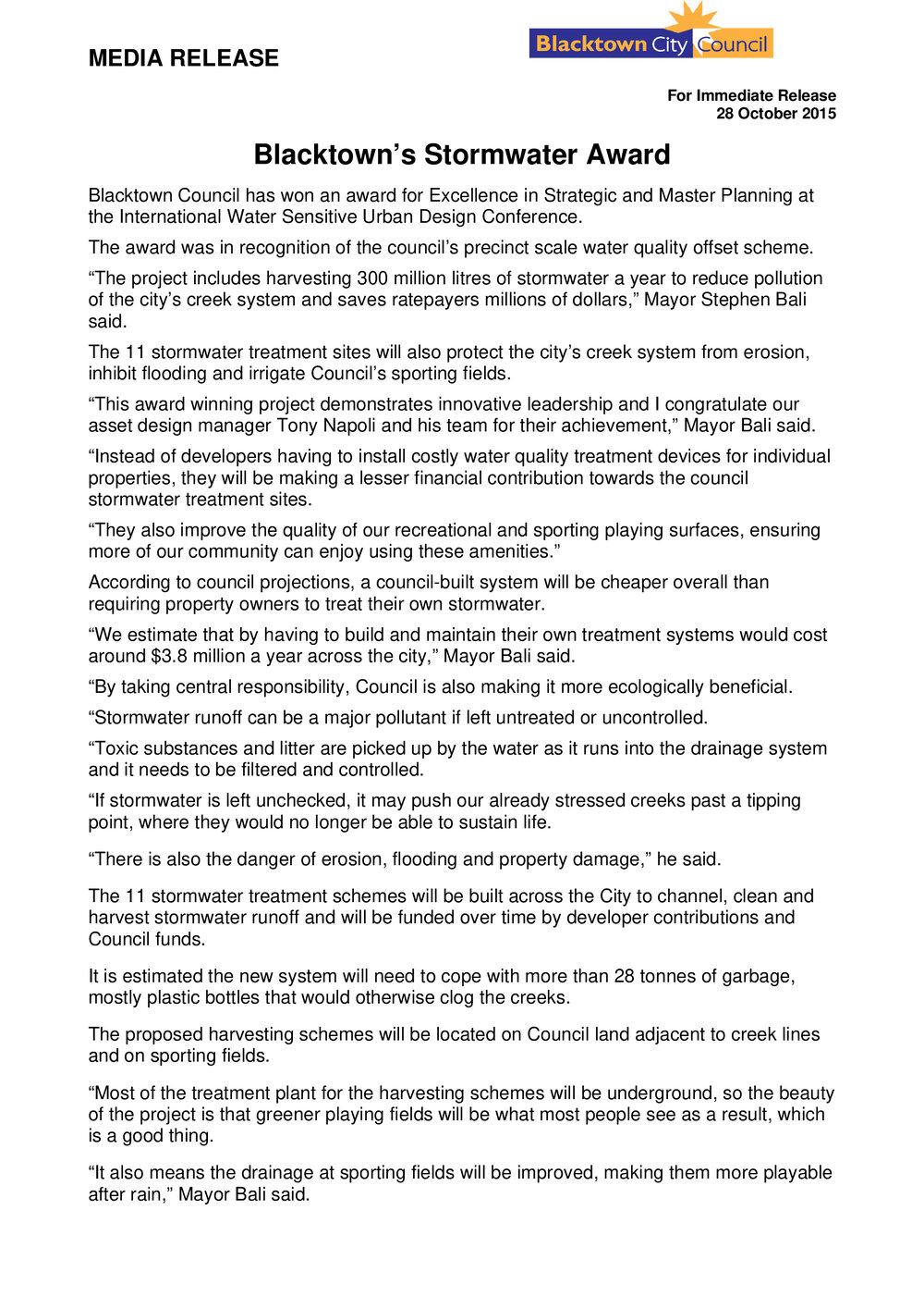 Blacktown's Stormwater Award, 2015