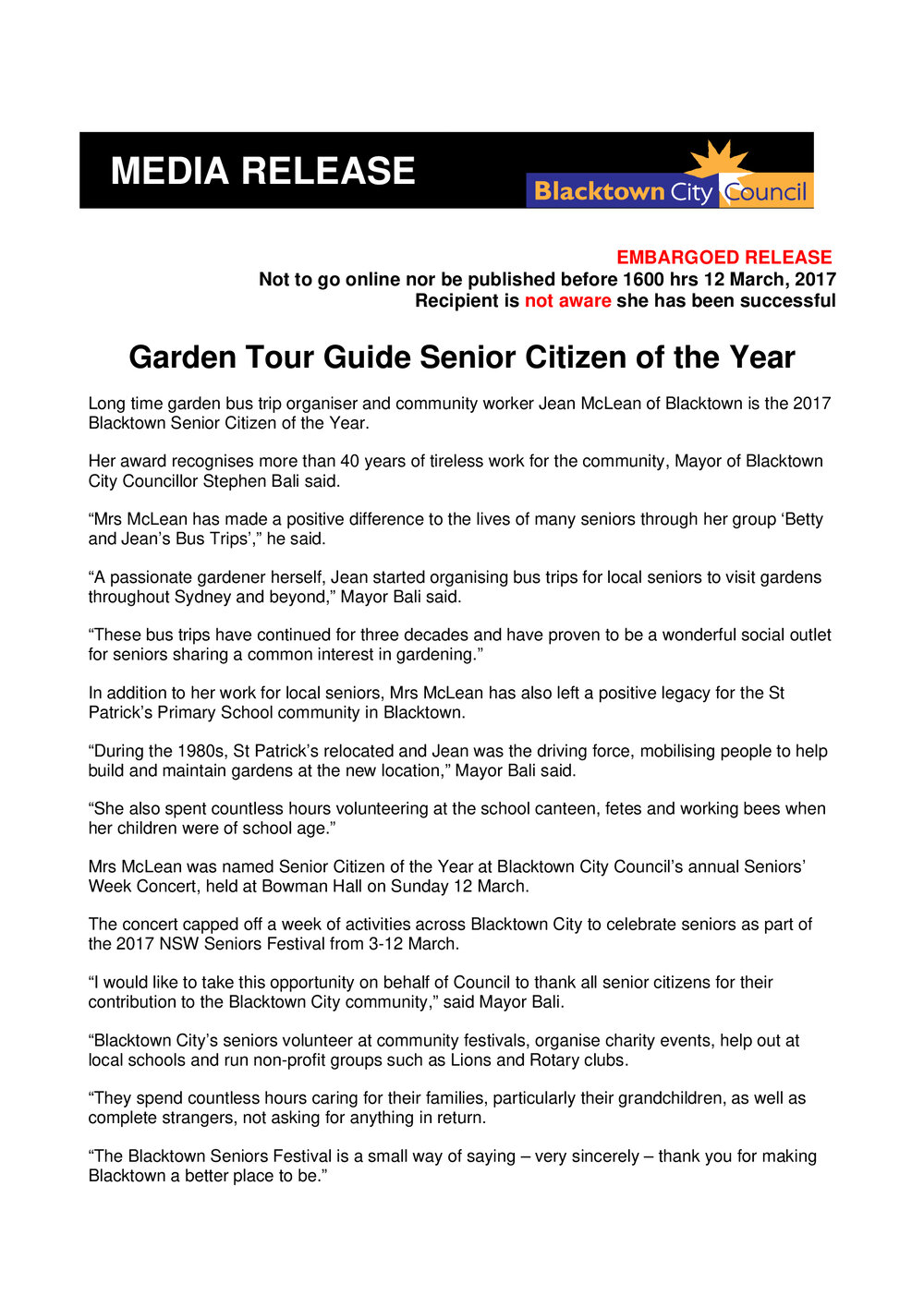 Blacktown City Senior Citizen of the Year, Jean McLean,  2017