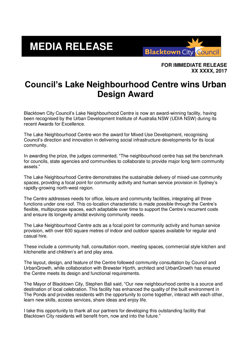 The Lake Neighbourhood Centre, The Ponds, 2017