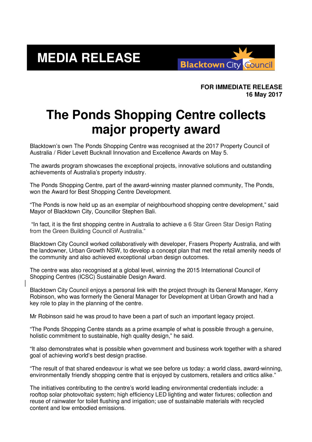 The Ponds Shopping Centre Collects Major Property Award, 2017