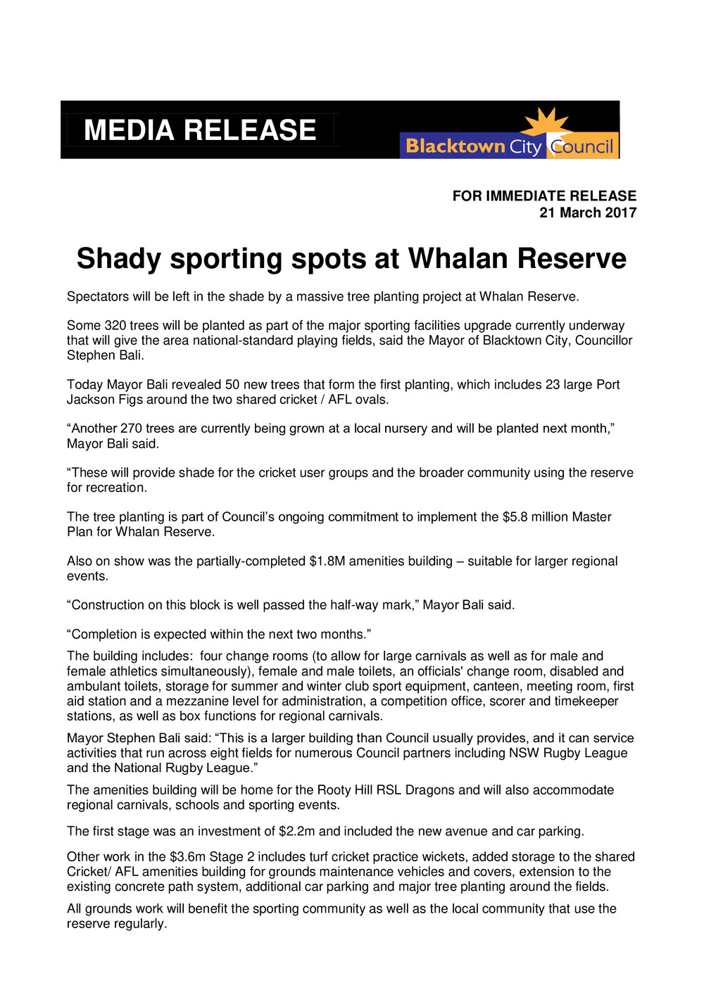 Tree Planting Project at Whalan Reserve, 2017