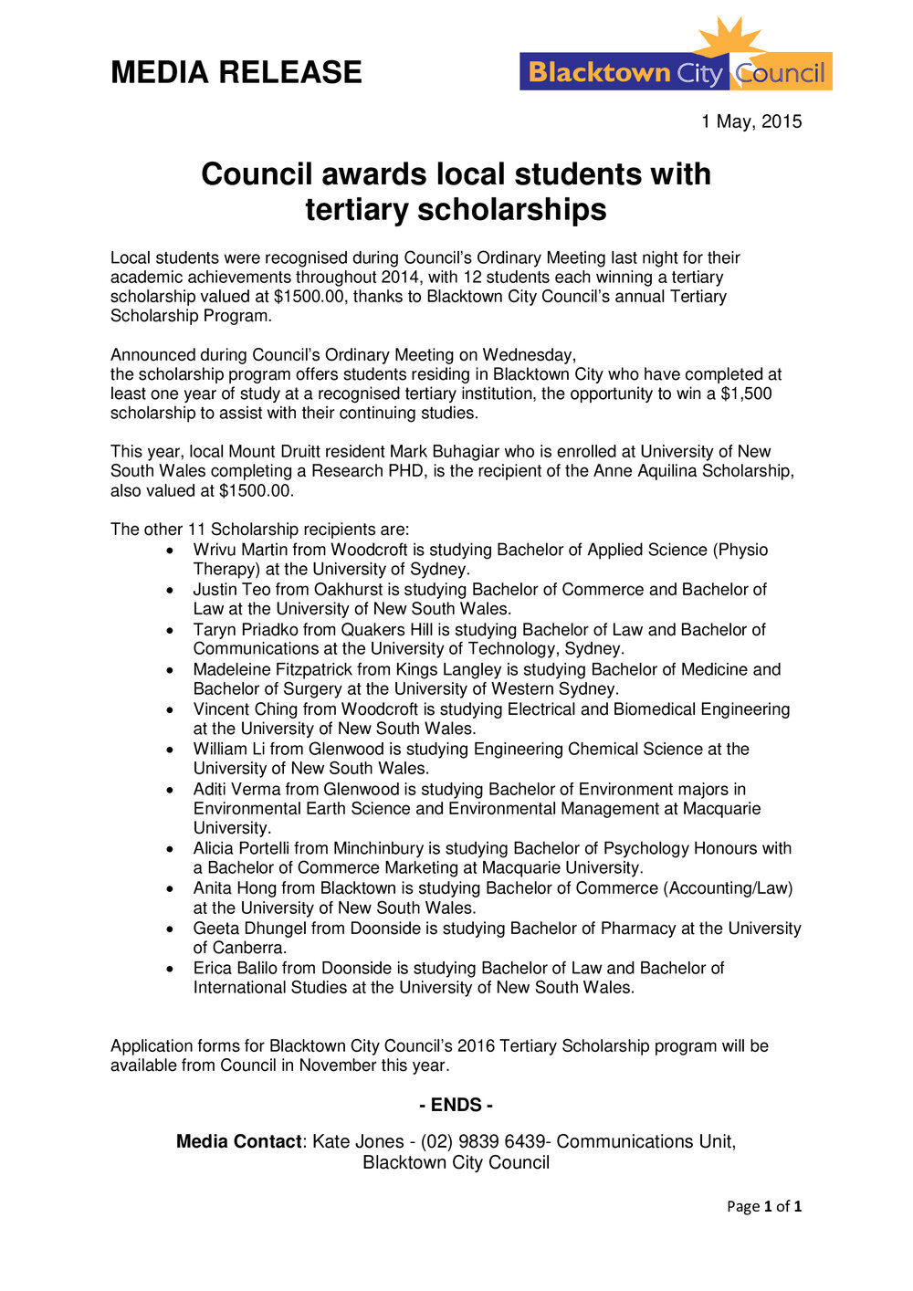 Blacktown City Council Tertiary Scholarship Winners, 2015