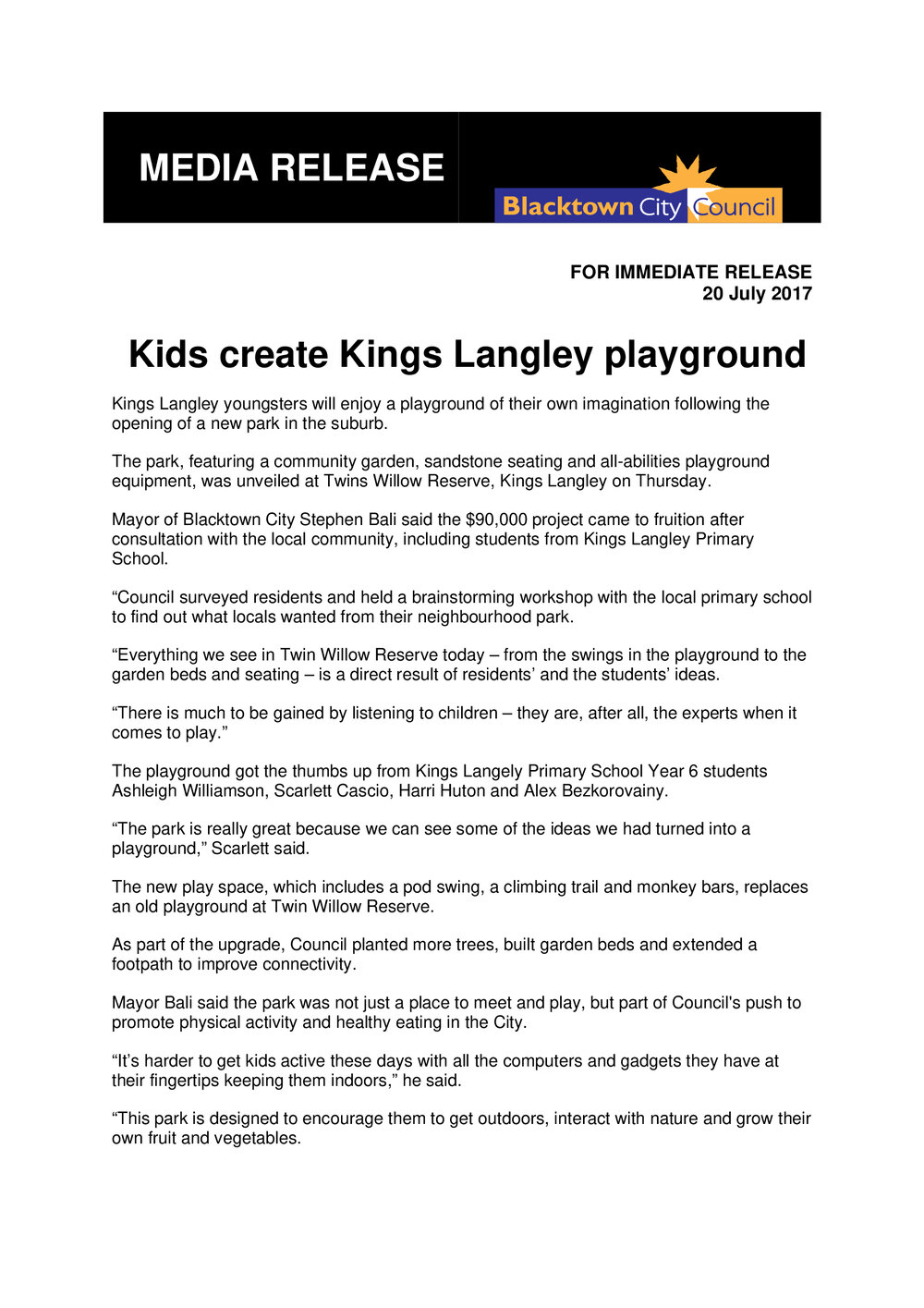 Kids Create Kings Langley Playground, Twin Willow Reserve, 2017