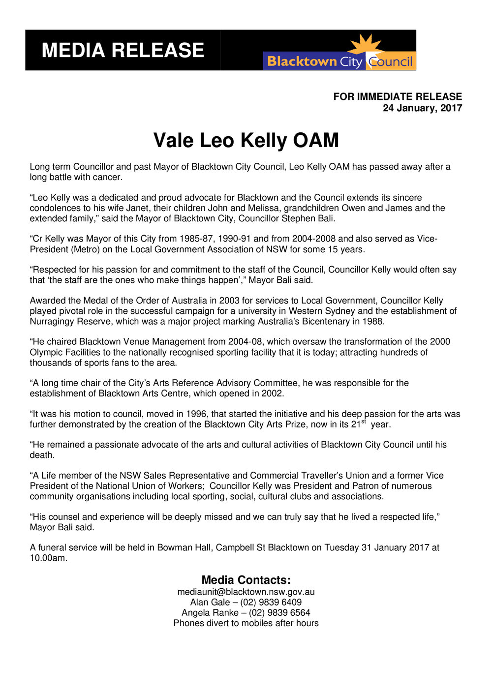 Vale Leo Kelly OAM, 2017