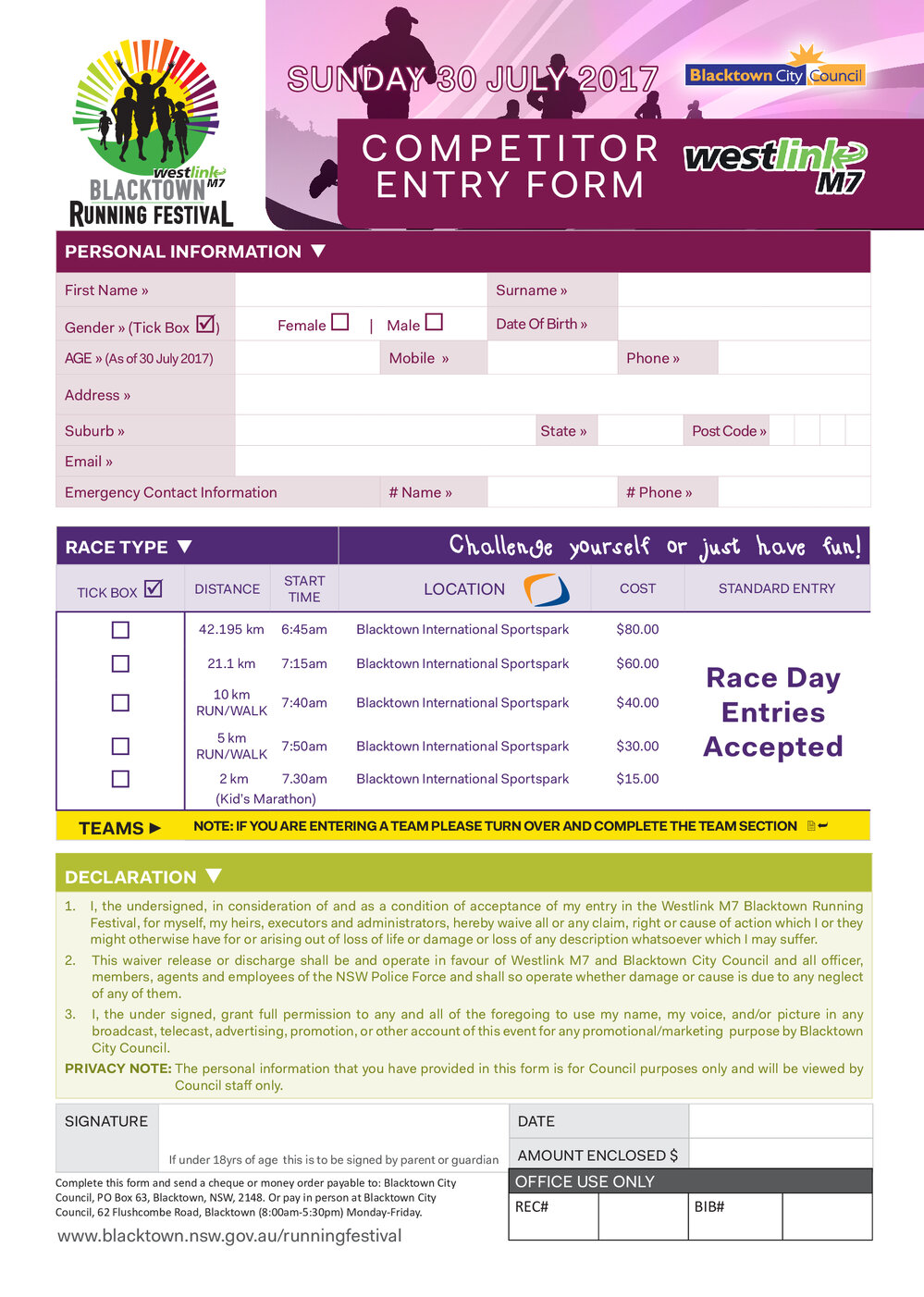 Westlink M7 Blacktown Running Festival Competitor Entry Form, 2017