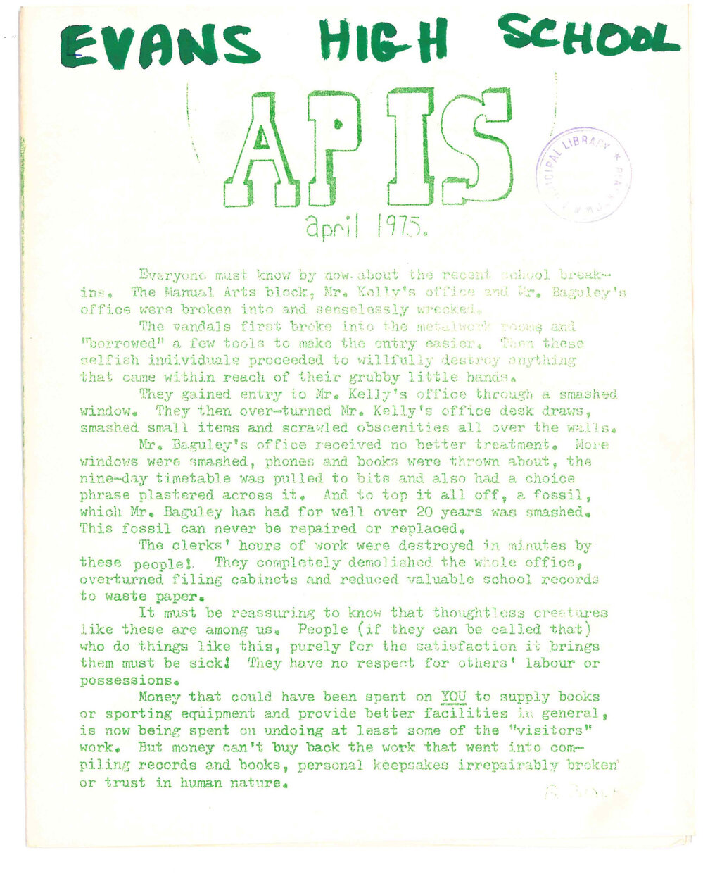 APIS Newsletter, Evans High School, April1975