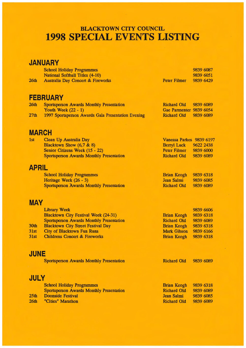 Blacktown City Council Special Events Listing, 1998