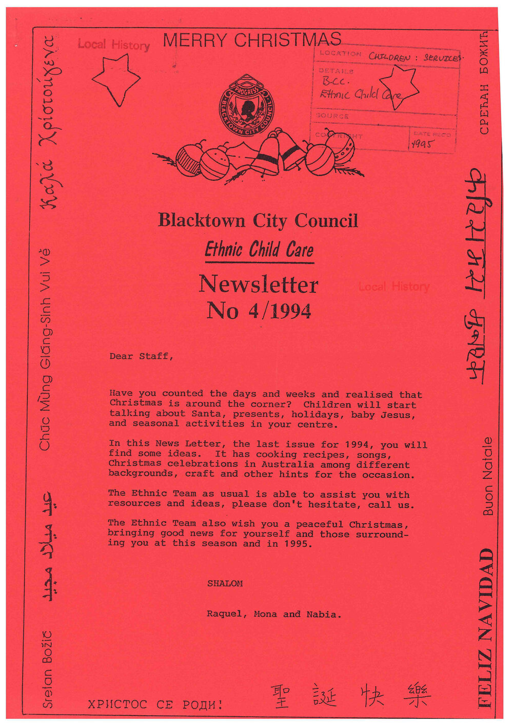 Blacktown City Council Ethnic Child Care Newsletter,  4/1994