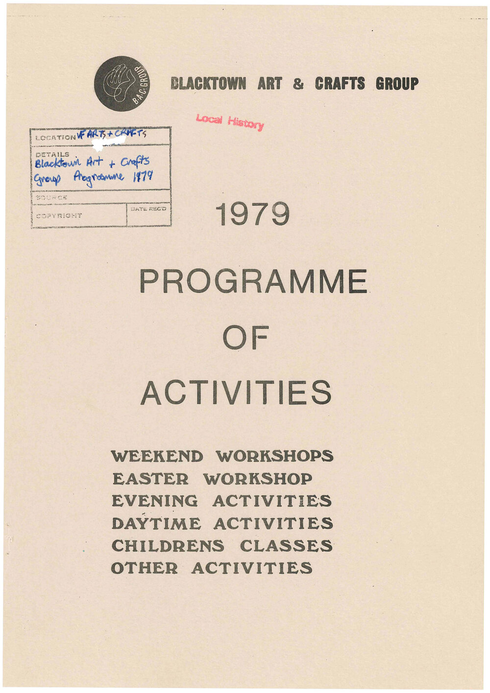 Blacktown Art &amp; Crafts Group Programme of Activities, 1979