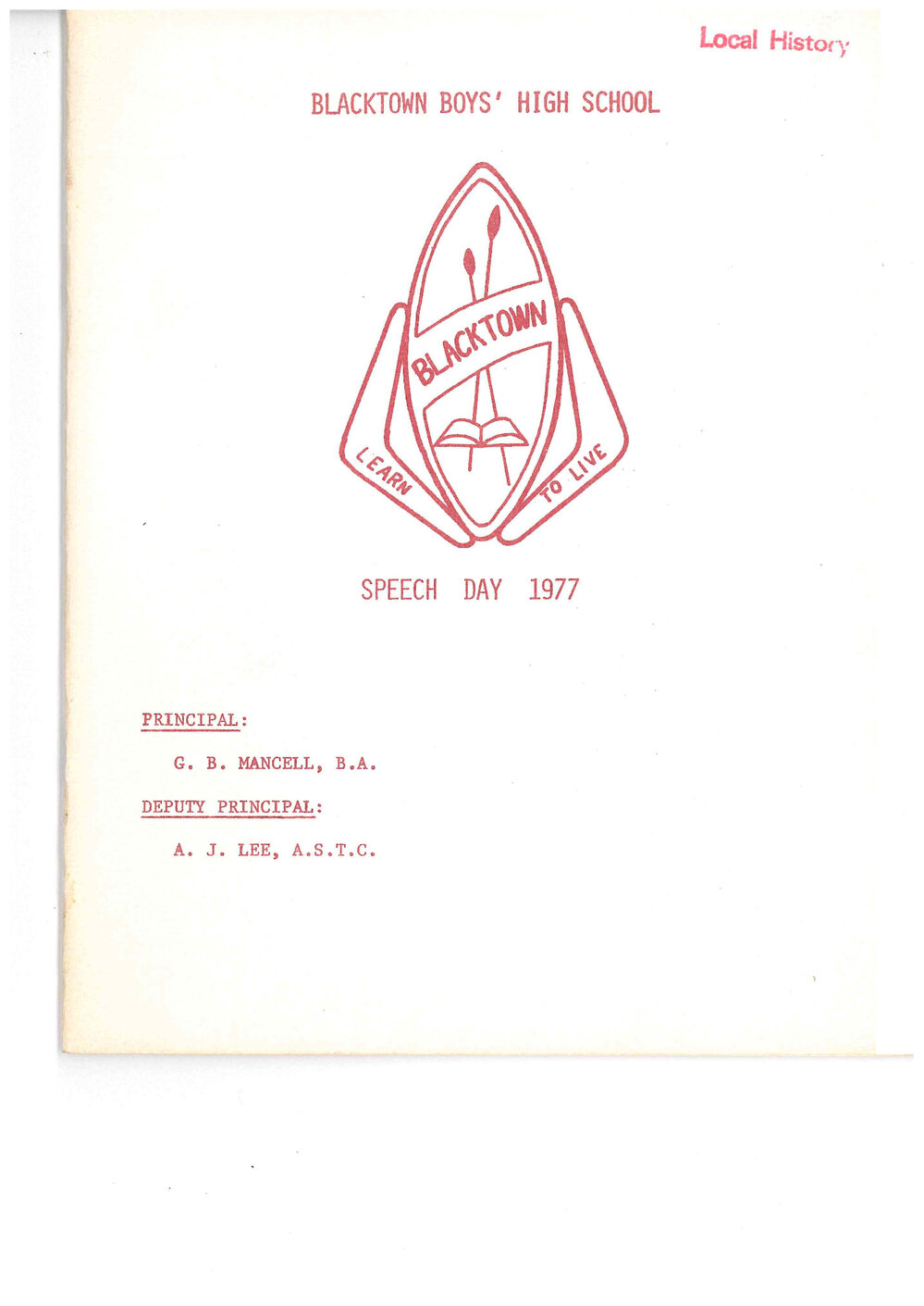 Blacktown Boys' High School Speech Day Programme, 1977