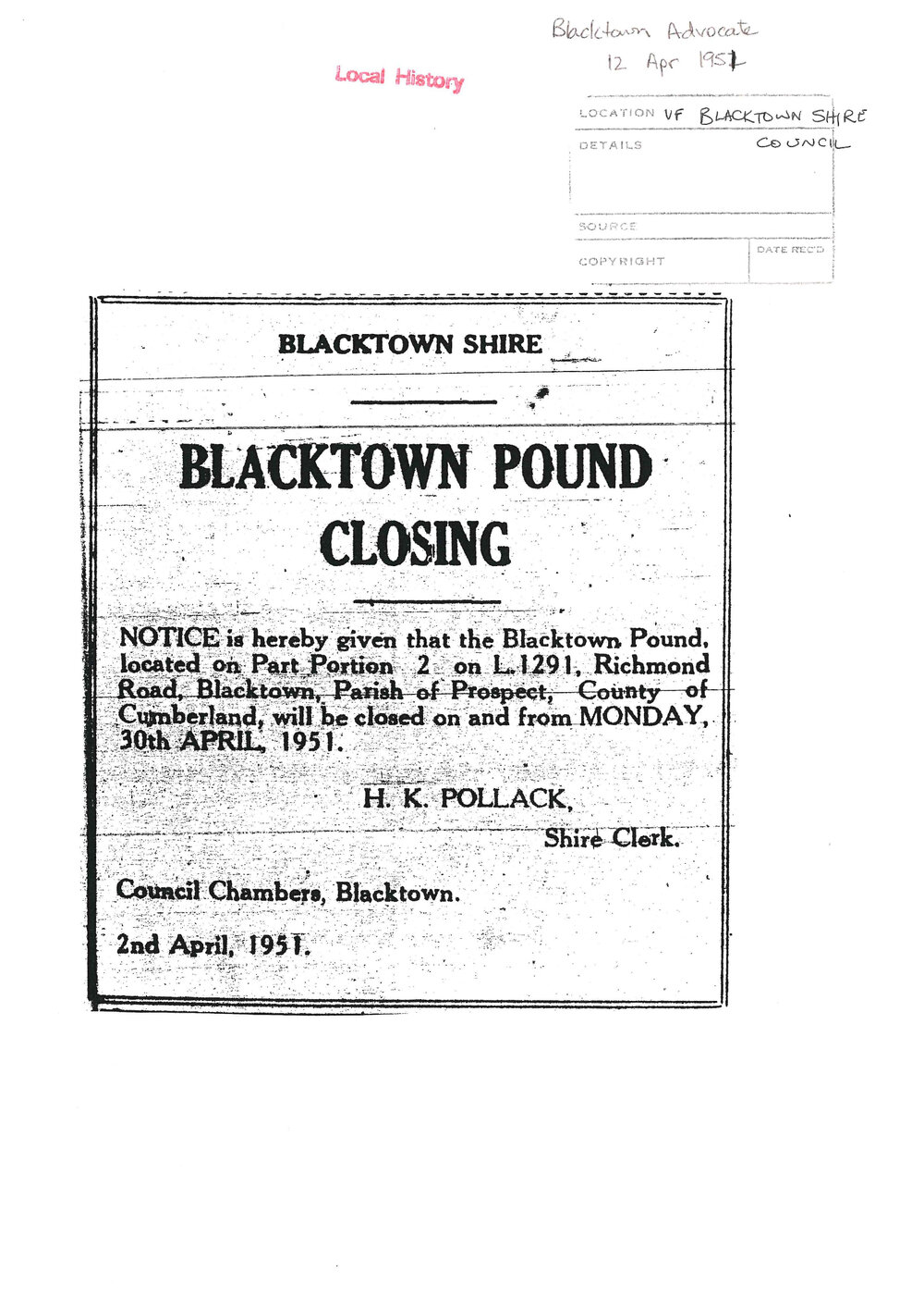 Blacktown Shire Pound Closure, 1951