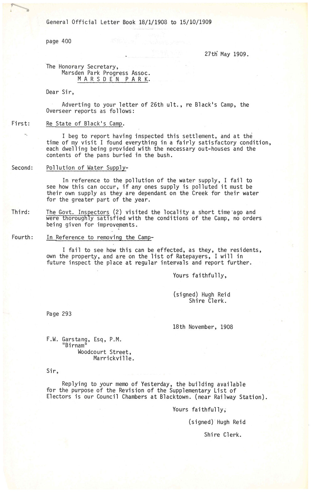 Blacktown Shire General Official Letter Book1908-1909, p 297-8 and 400 