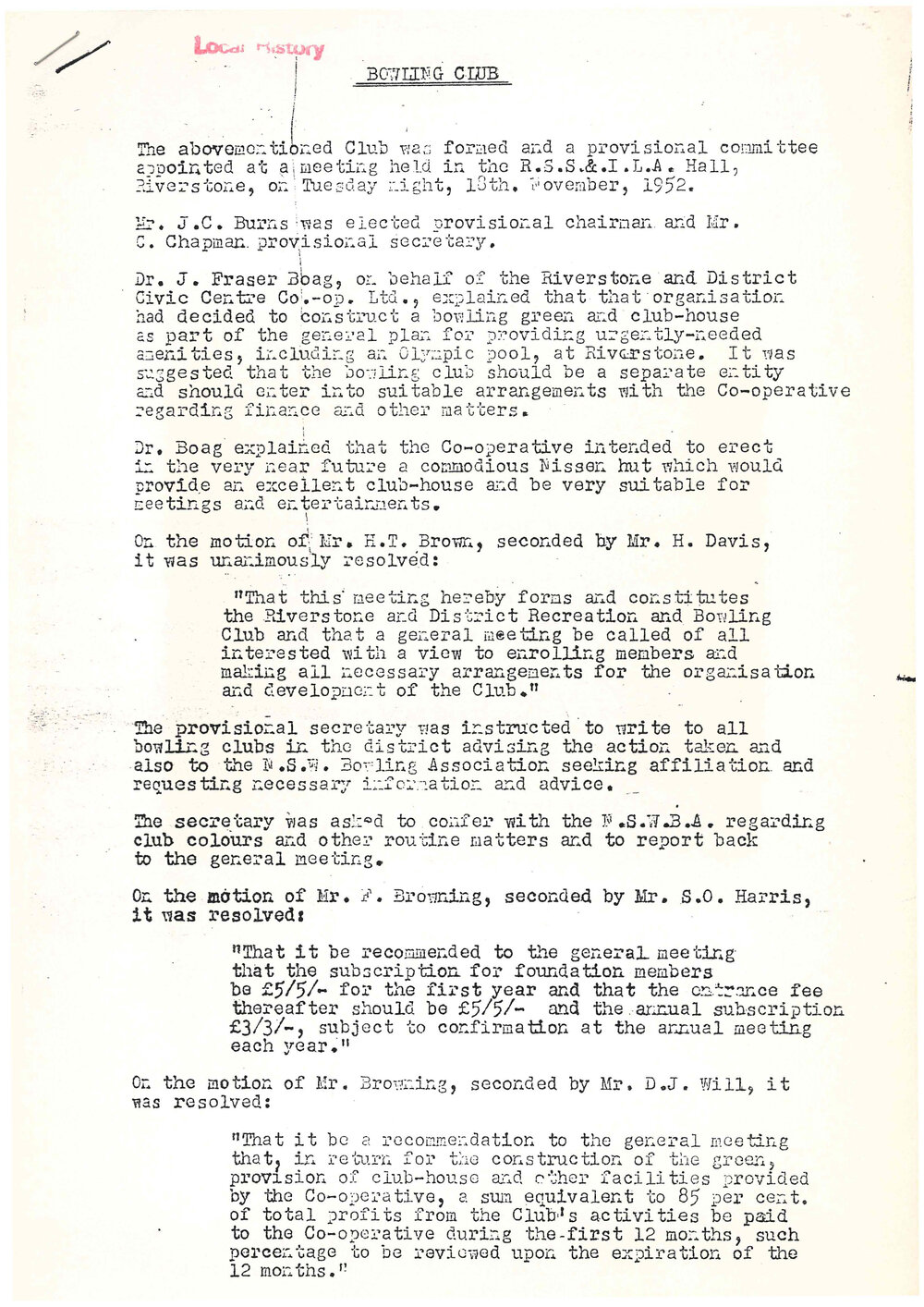 Riverstone District Bowling Club - History, 1952