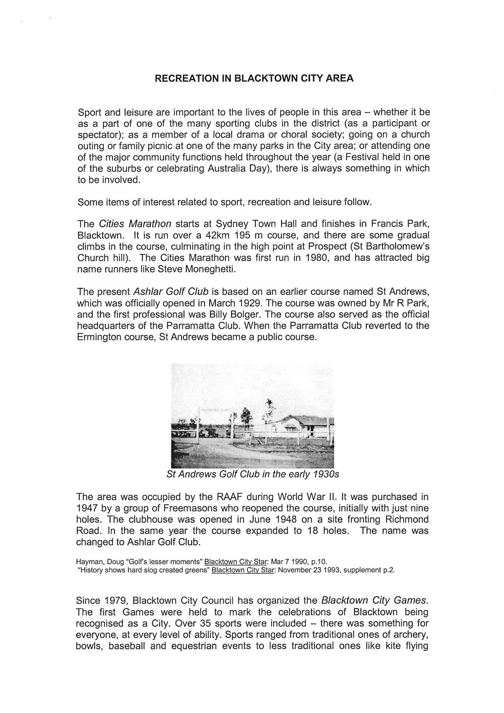 Recreation in Blacktown City Area