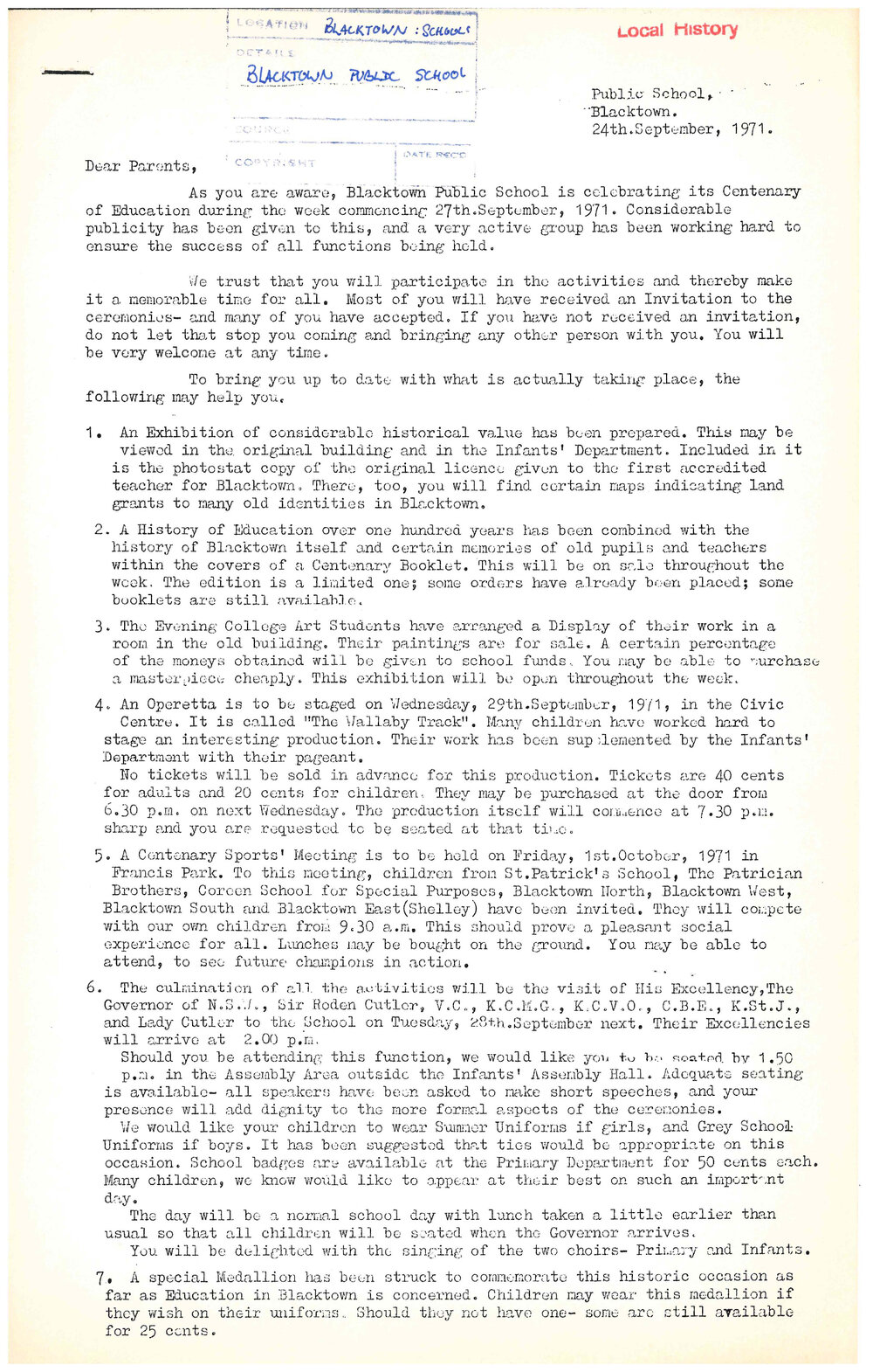 Blacktown Public School Centenary Week Activities, 1971