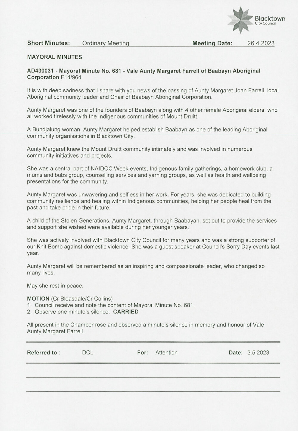 Aunty Margaret Joan Farrell (Mayoral Minute No 681), 2023