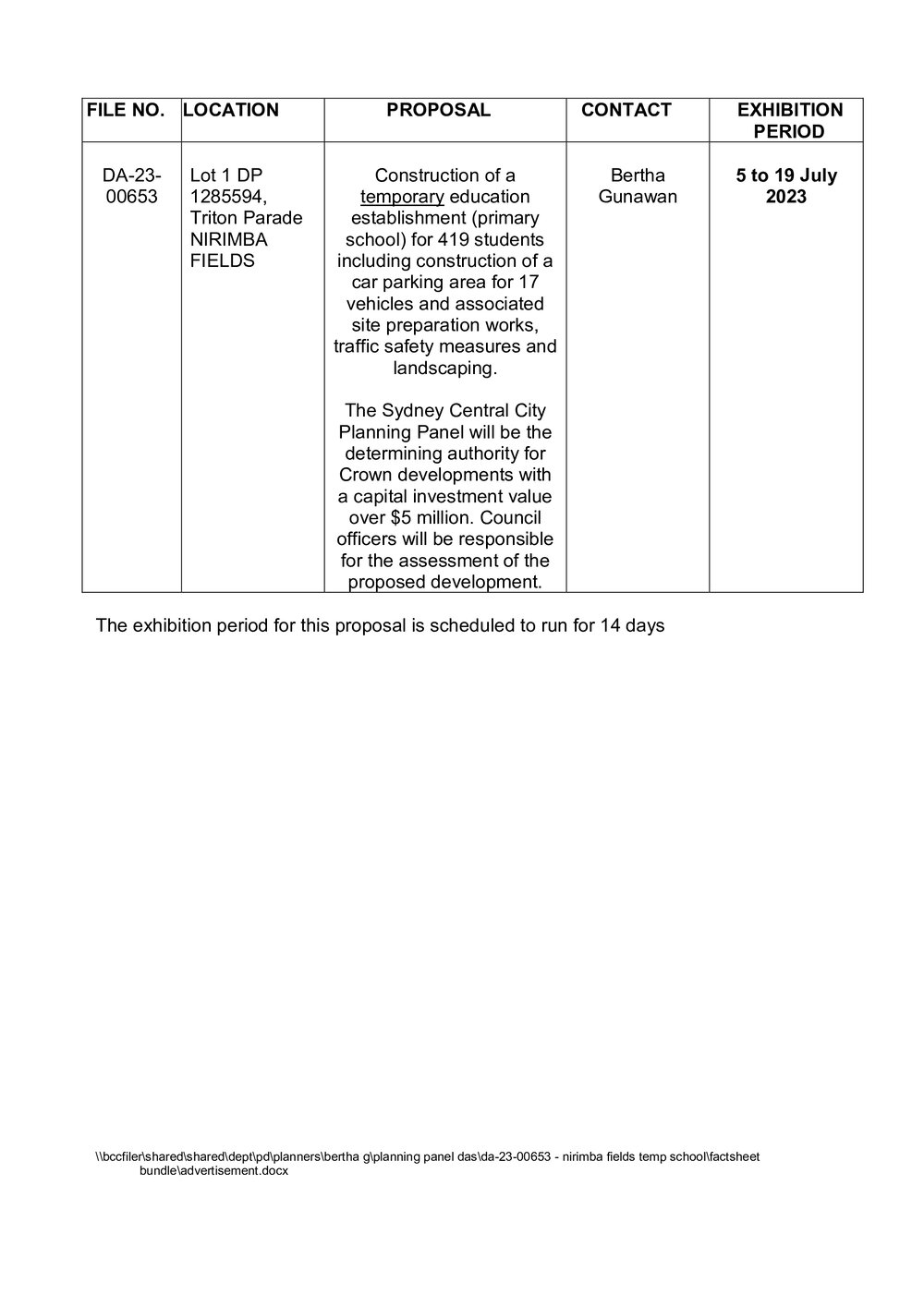 Advertisement for Development Application, Nirimba Fields Temporary Primary School, 2023