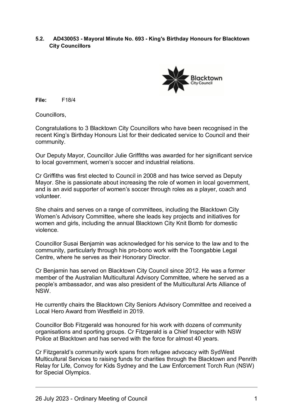 King's Birthday Honours for Blacktown City Councillors (Mayoral Minute No 693), 2023