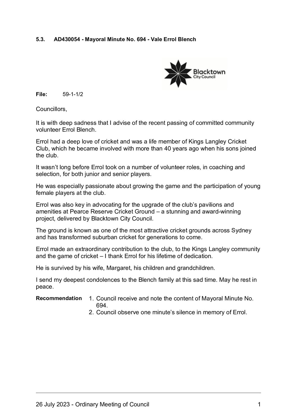 Errol Blench (Mayoral Minute No 694), 2023