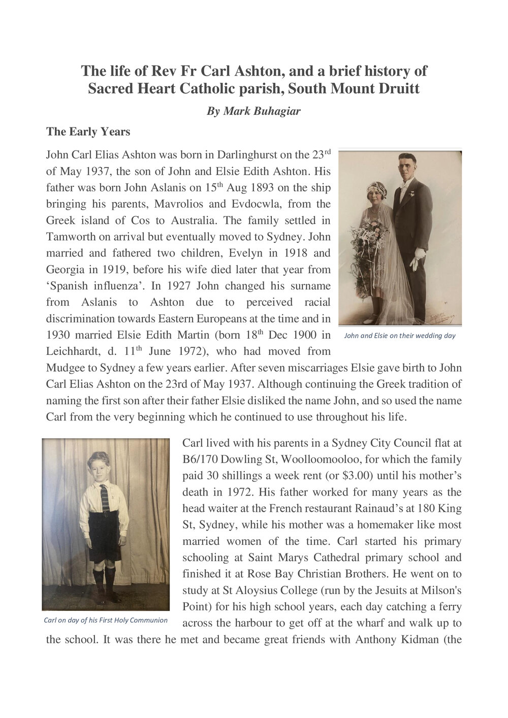 The Life of Rev Fr Carl Ashton and a Brief History of Sacred Heart Catholic Parish South Mount Druitt - Mark Buhagiar