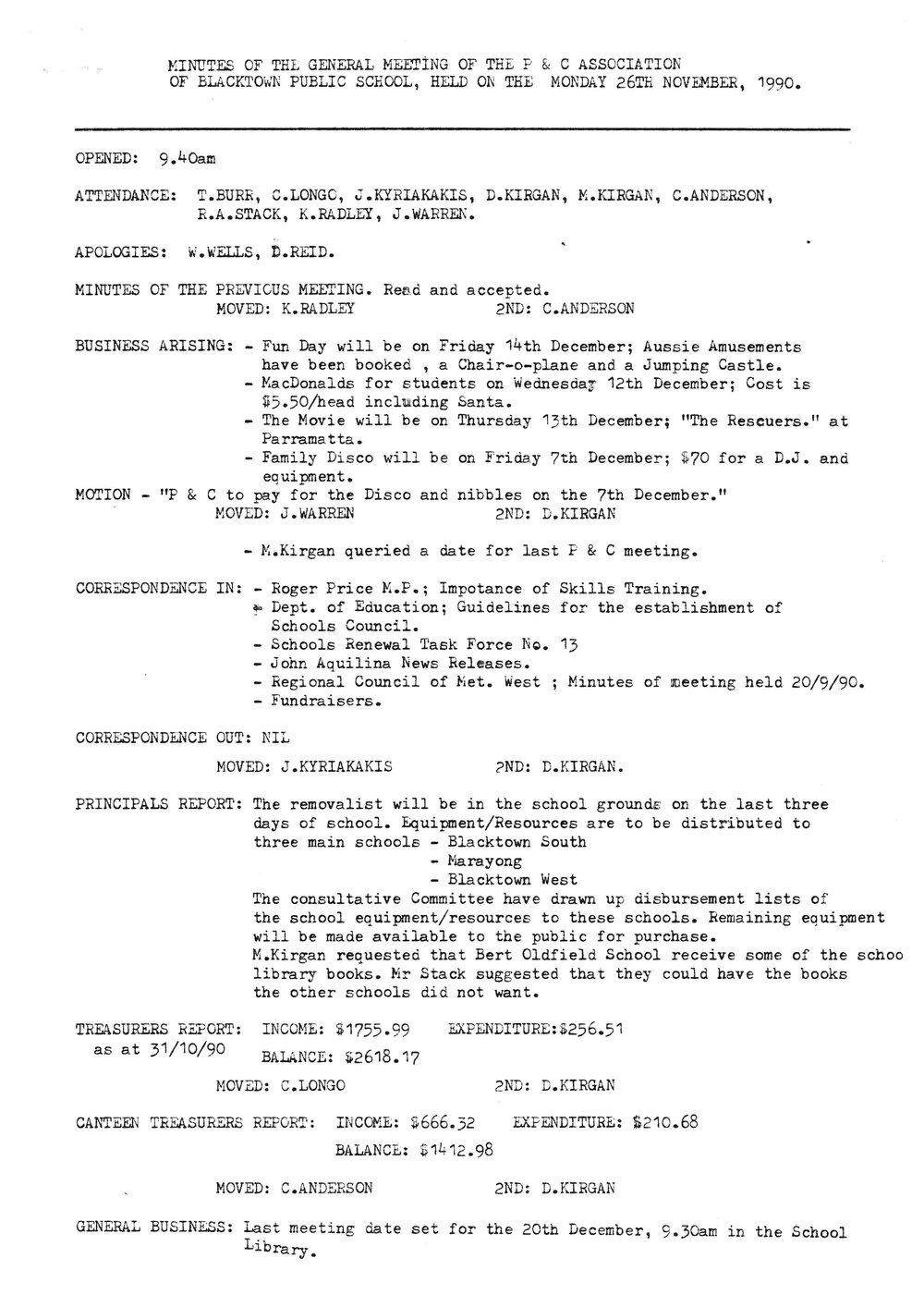 Blacktown Public School, Minutes of the General Meeting of the P&amp;C Association, 1990