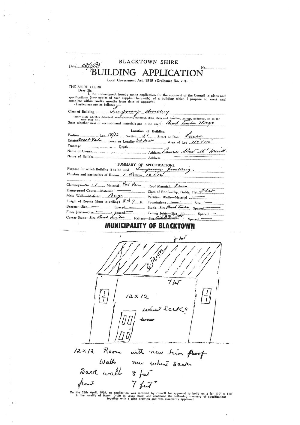 Blacktown Shire Building Application, 1935