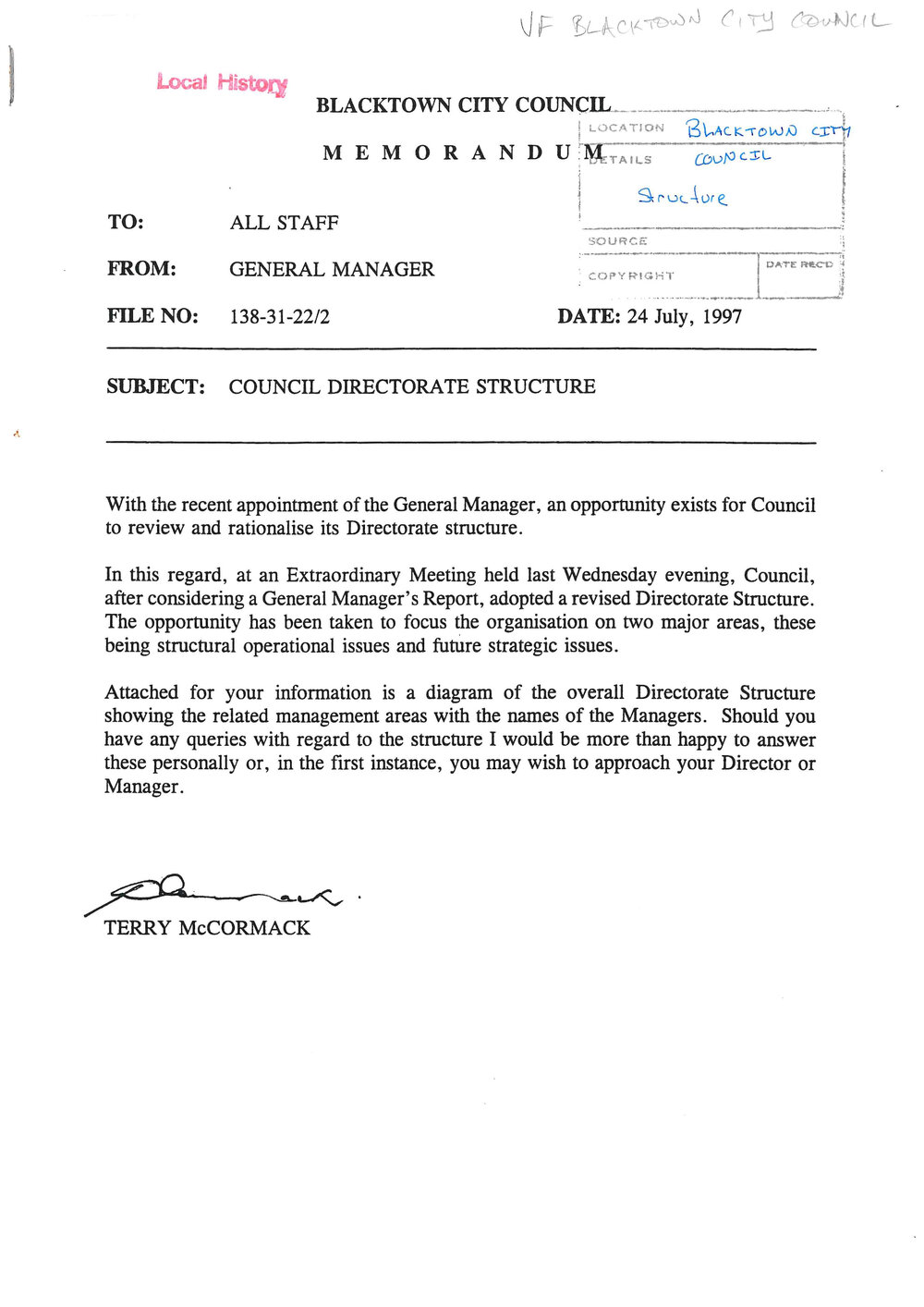 Blacktown City Council Directorate Restructure, 1997