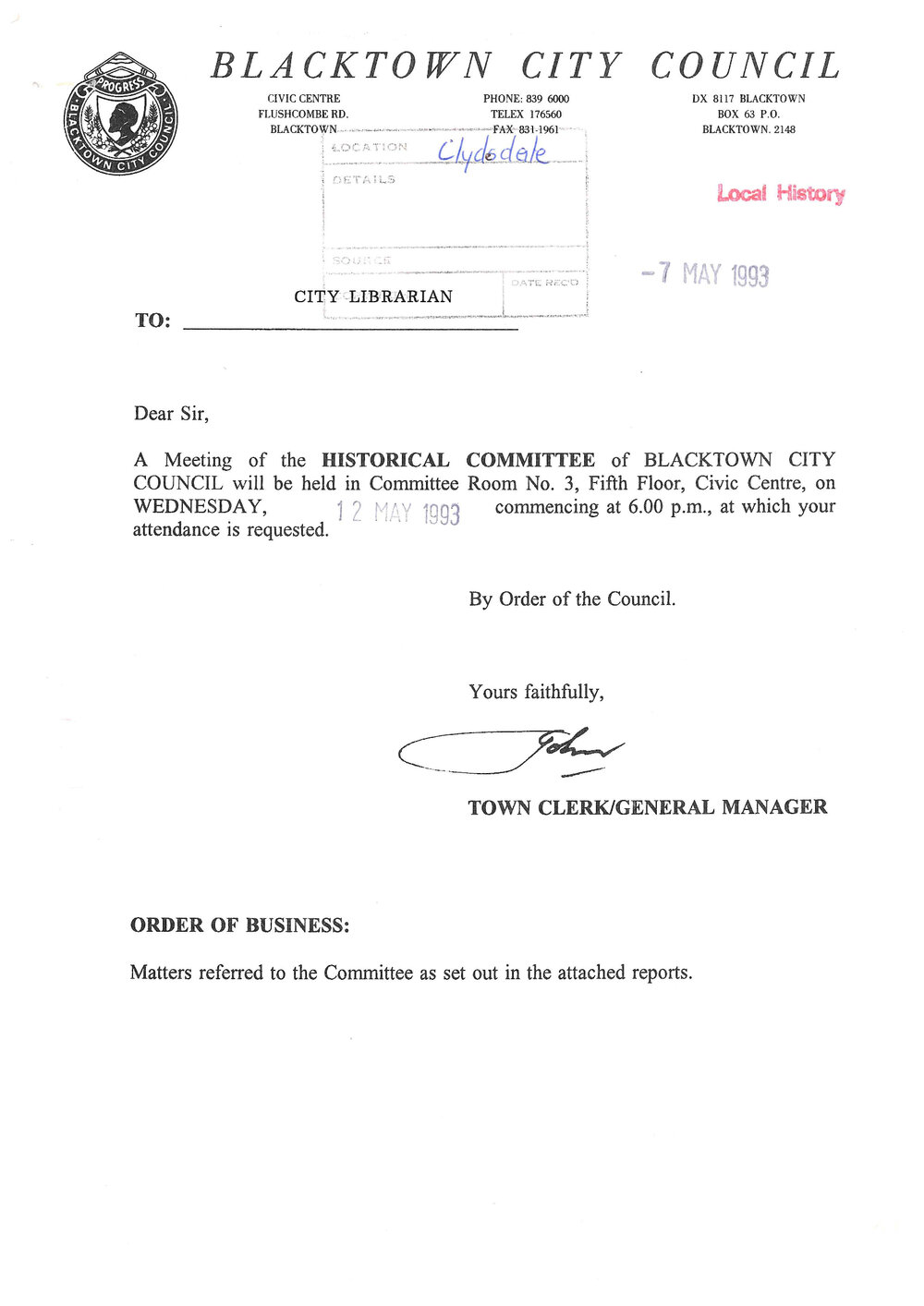 Blacktown City Council Historical Committee Meeting, May 1993