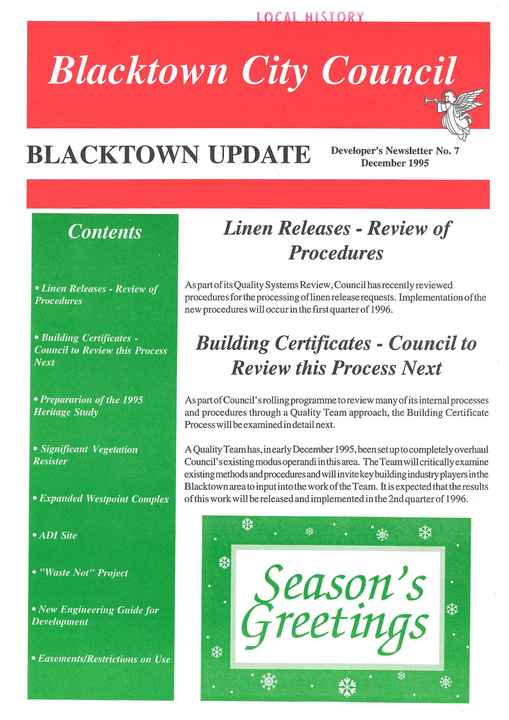Blacktown City Council Developer's Newsletter, December 1995