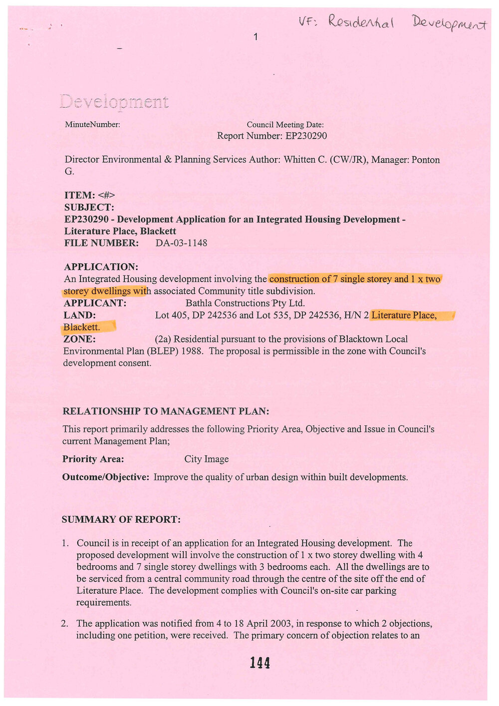 Development Application for an Integrated Housing Development, Blackett, 2003