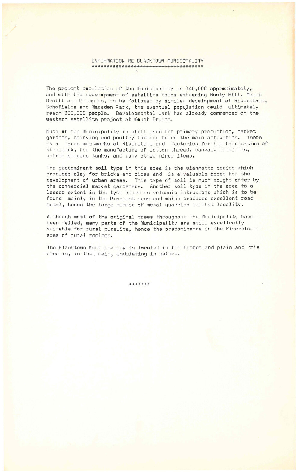 Information re Blacktown Municipality (and Historical Information, c1970s