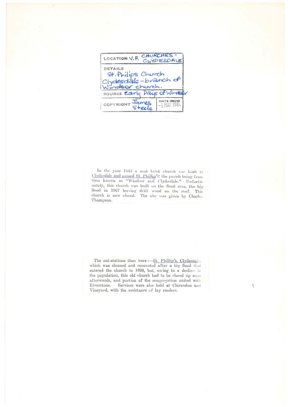 St Philip's Church Clydesdale, Marsden Park, 1916