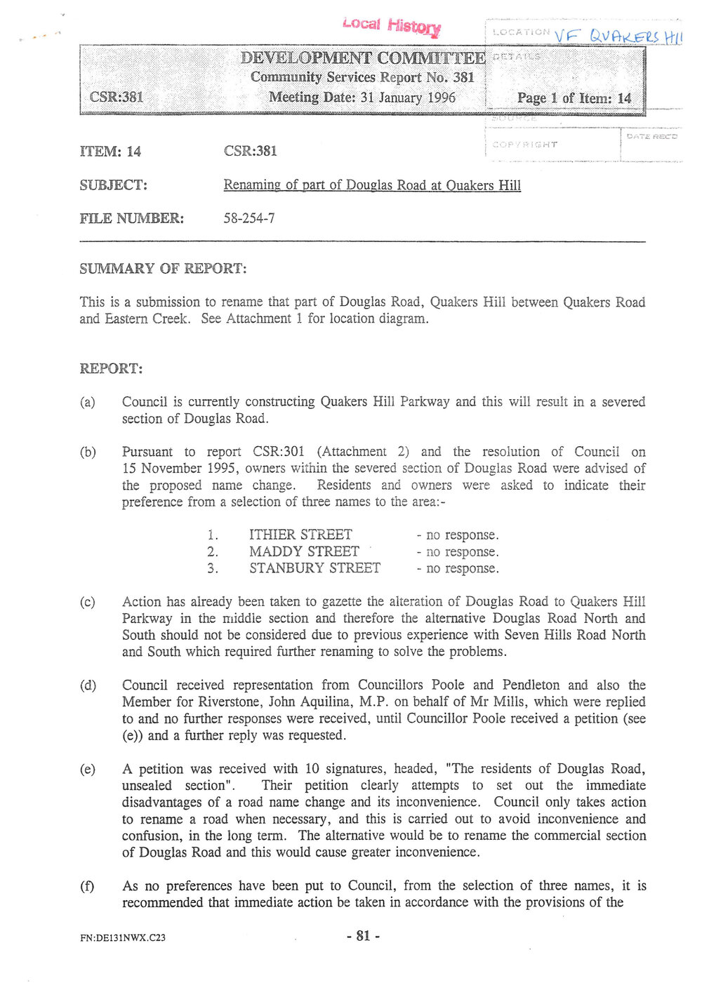 Renaming part of Douglas Road, Quakers Hill, 1996