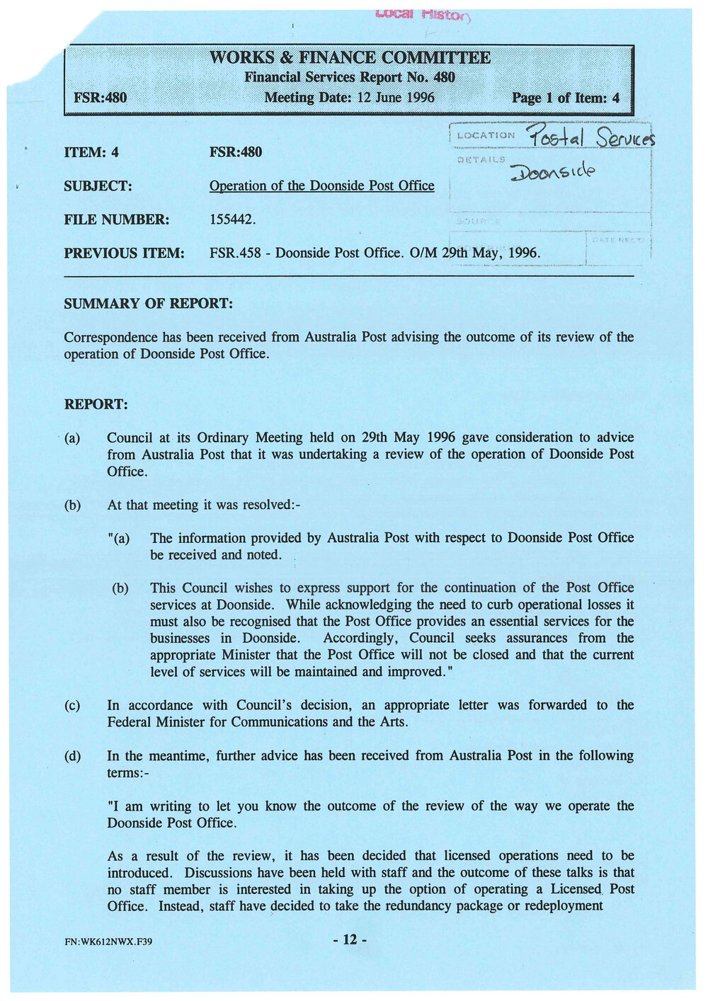 Operation of Doonside Post Office, 1996