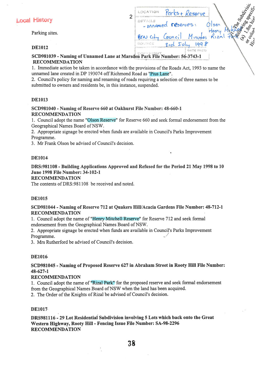 Naming of Blacktown City Council Reserves and Lane, 1998